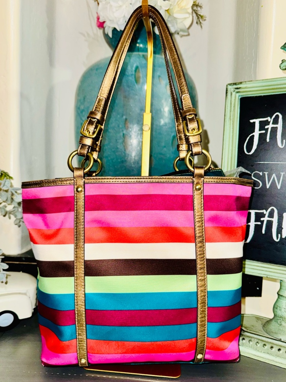 Coach Legacy Satin Stripe Tote Bag with metallic leather trim 2009 (F14009) GUC - Picture 2 of 16